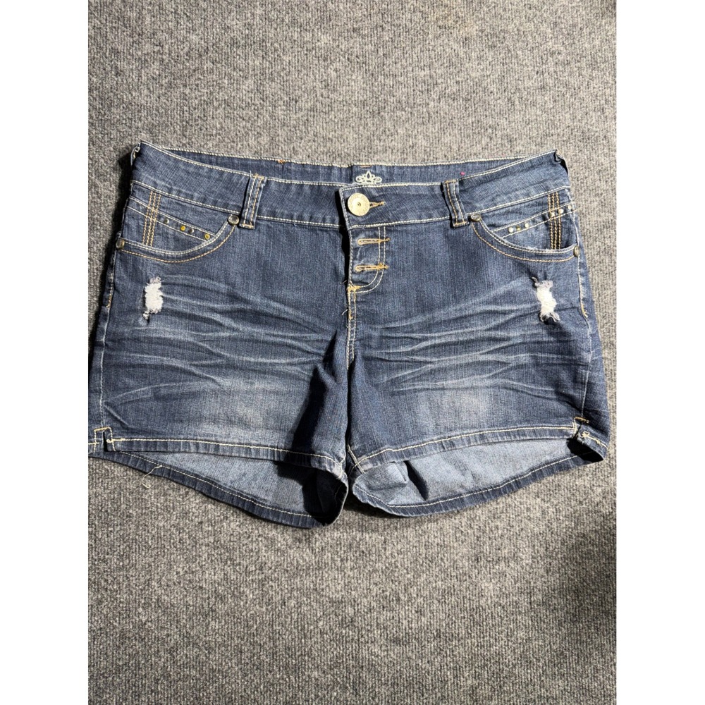 Almost Famous Distressed Denim Shorts Dark Wash Button Fly Studded Size 16